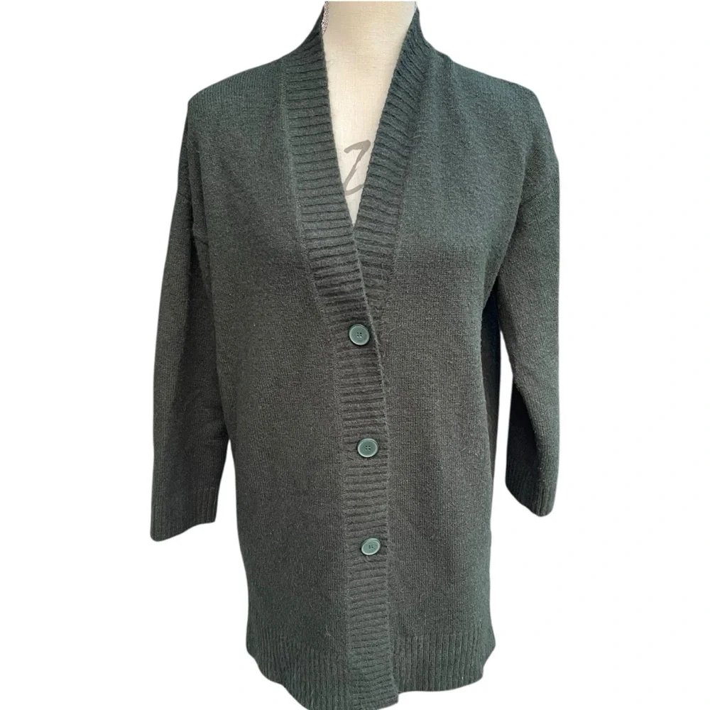 Oak + Fort Forest Green Mid-Length Button Up Cardigan Sweater (S) - Picture 4 of 14